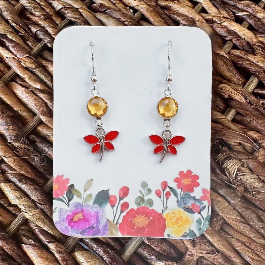 New Handmade Silver-Tone Red And Sparkly Gold Dragonfly Dangle Earrings